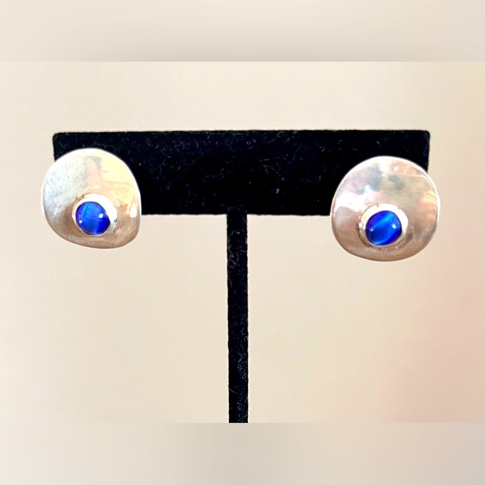 Blue Tiger Eye and 925 Sterling Silver Earrings with Unique Curved Design